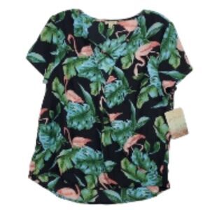 NEW Pink Flamingo black tropical high low cross neck tunic top MEDIUM M NWT